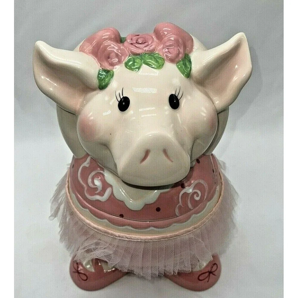 Vintage Ballerina Dancing Pink Pig with Tutu Ceramic Cookie Jar 11.5